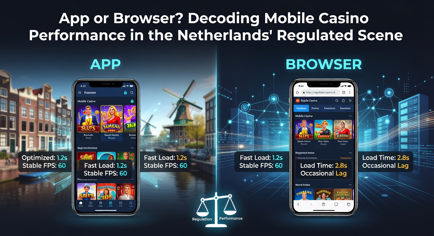 Smartphone met mobiel casino interface, app icoon naast browser venster op een Nederlands vlaggetje achtergrond