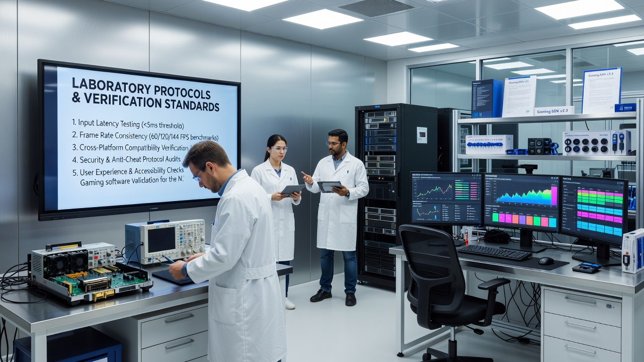 Technici die verificatietests uitvoeren op goksoftware in een Nederlands laboratorium