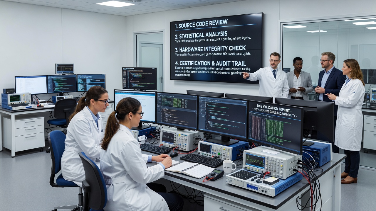 Technische RNG-testopstelling met statistische analyse in een gecertificeerd laboratorium