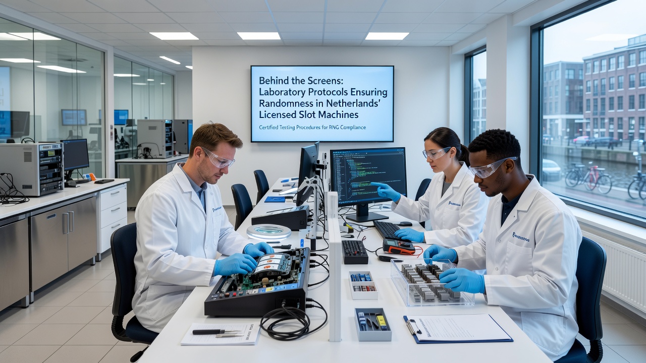 Technici analyseren RNG-testresultaten op monitoren in een gecertificeerd laboratorium