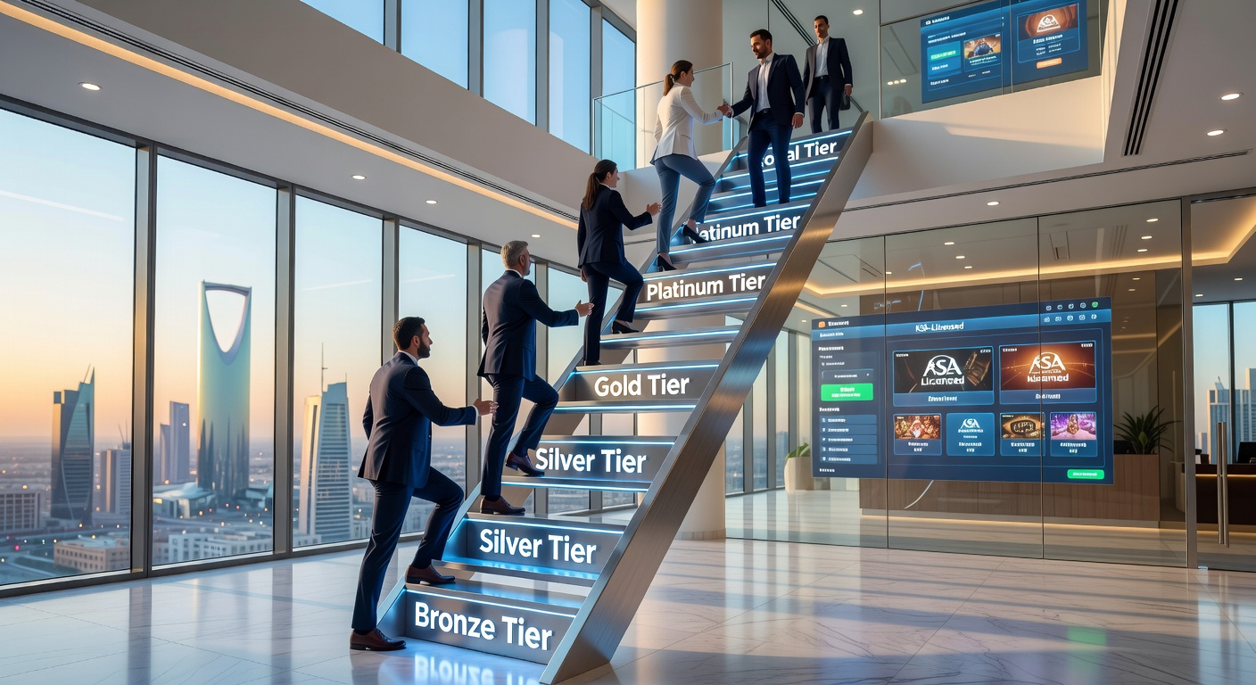 Grafische weergave van een loyaliteitsladder met tiers van brons tot diamant in een online casino-omgeving