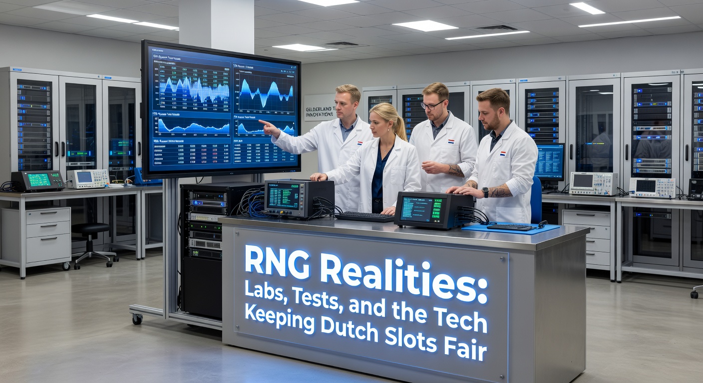 Grafische weergave van RNG-algoritmes in een testlab, met schermen vol data en code die eerlijkheid waarborgen in Nederlandse online slots
