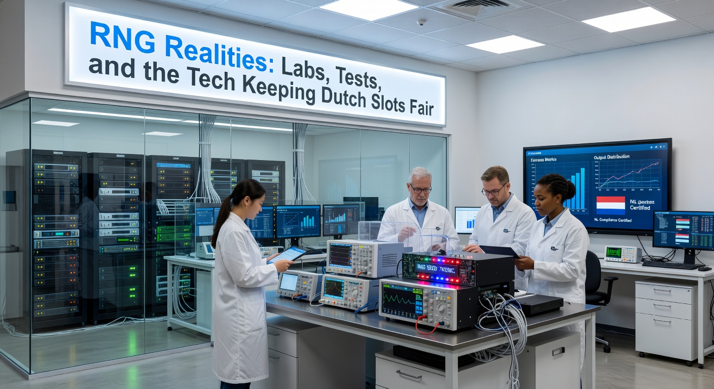 Technici in een high-tech lab testen RNG-hardware op Nederlandse slots, met oscilloscoop-schermen en certificeringsstempels zichtbaar