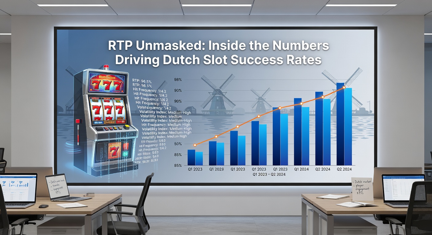 Close-up van een slotmachine-scherm met draaiende rollen, RTP-waarden en uitbetalingstabellen zichtbaar, tegen een achtergrond van een bruisend Nederlands casino