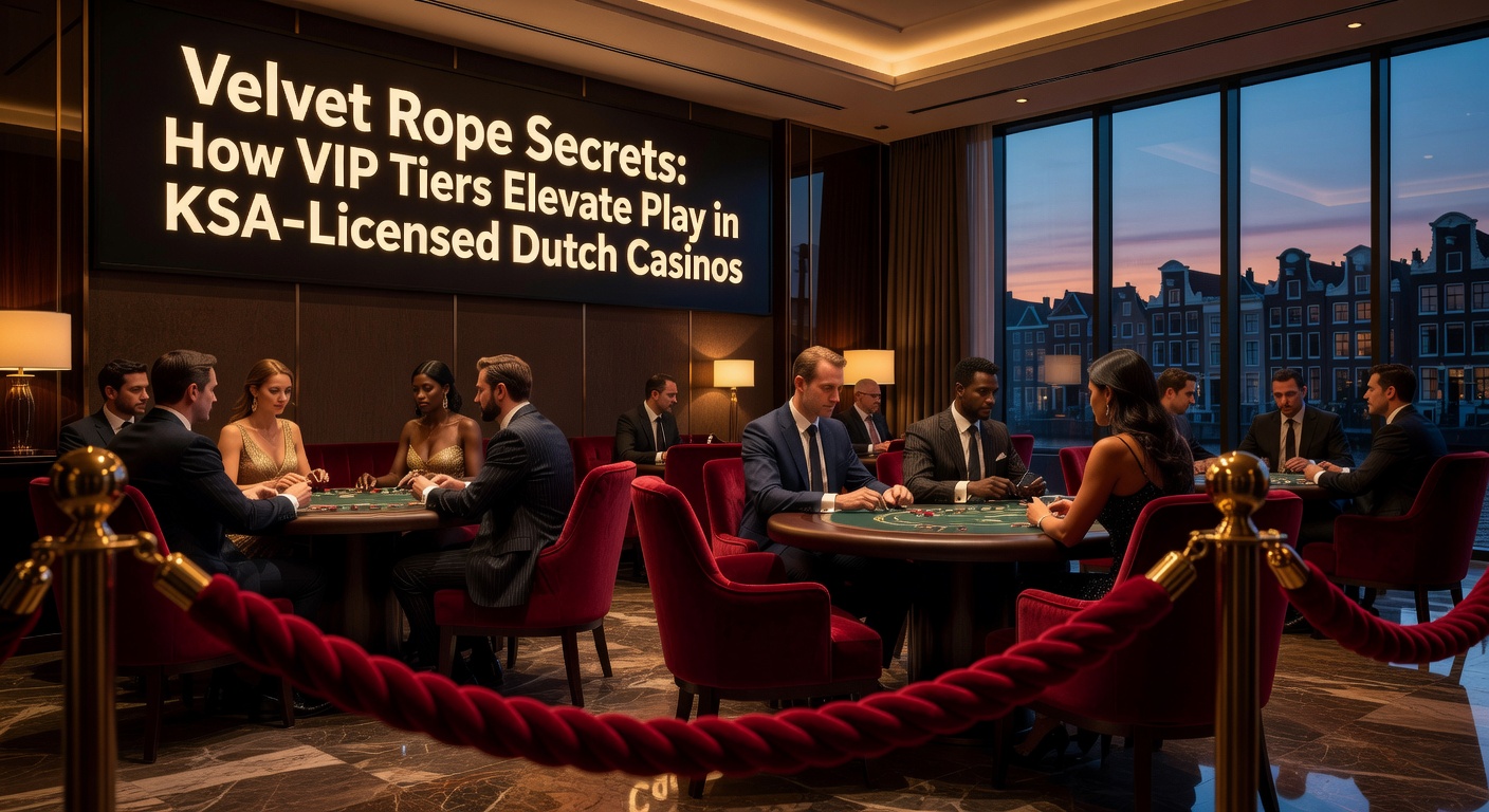 Elegante VIP-lounge in een Nederlands online casino met fluweelkoorden en exclusieve speeltafels, symboliserend premium toegang