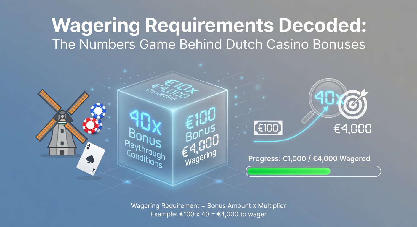Grafiek met wagering requirements en bonusvoorwaarden in Nederlandse casinos, inclusief voorbeelden van multipliers en inzetten